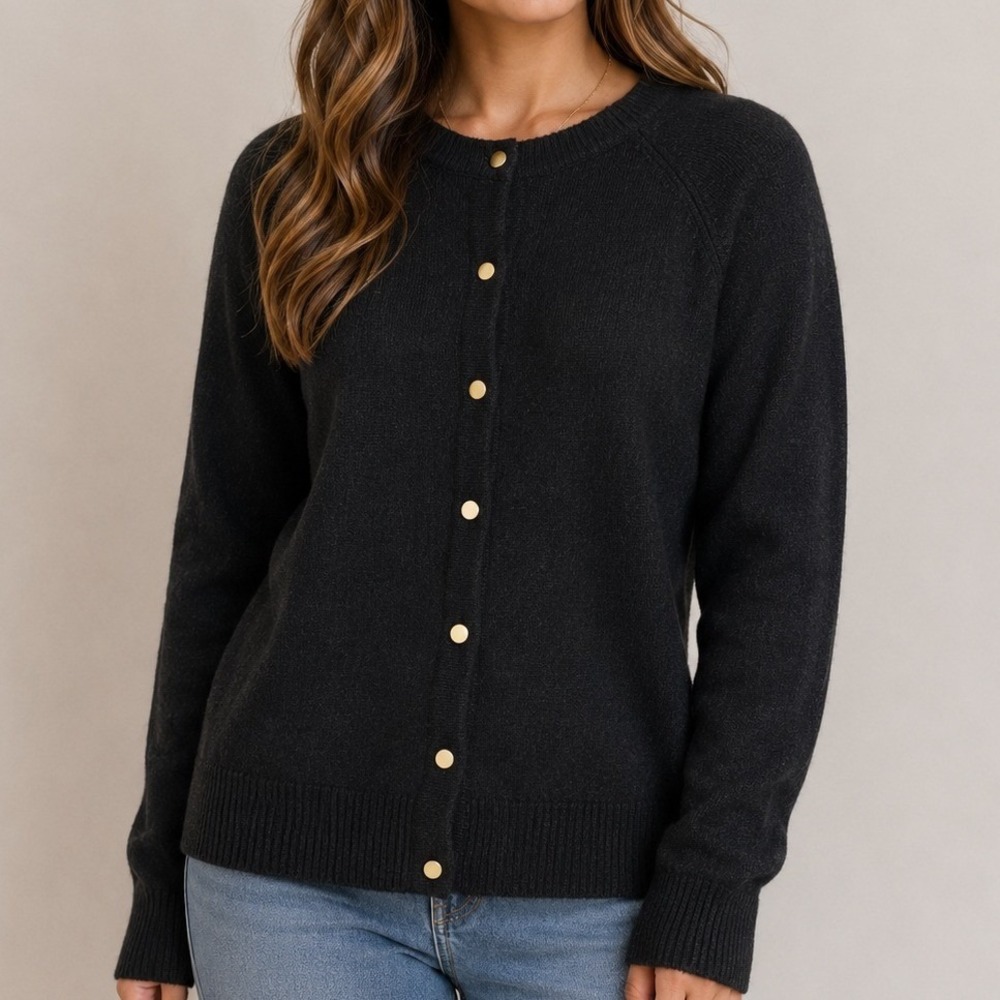 VTG Designer Originals Cardigan Sweater Womens L Black Button Front 100% Acrylic